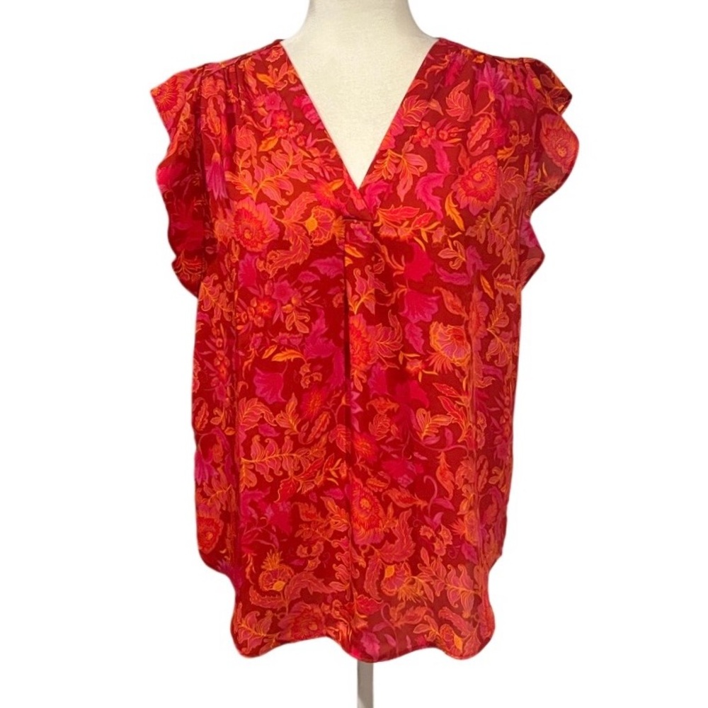 Chaus Very Berry Floral Split Neck Blouse Red Pink